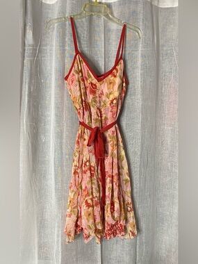 Vintage Y2K Pink Floral Sundress Small Red Straps Tie Waist Cottagecore